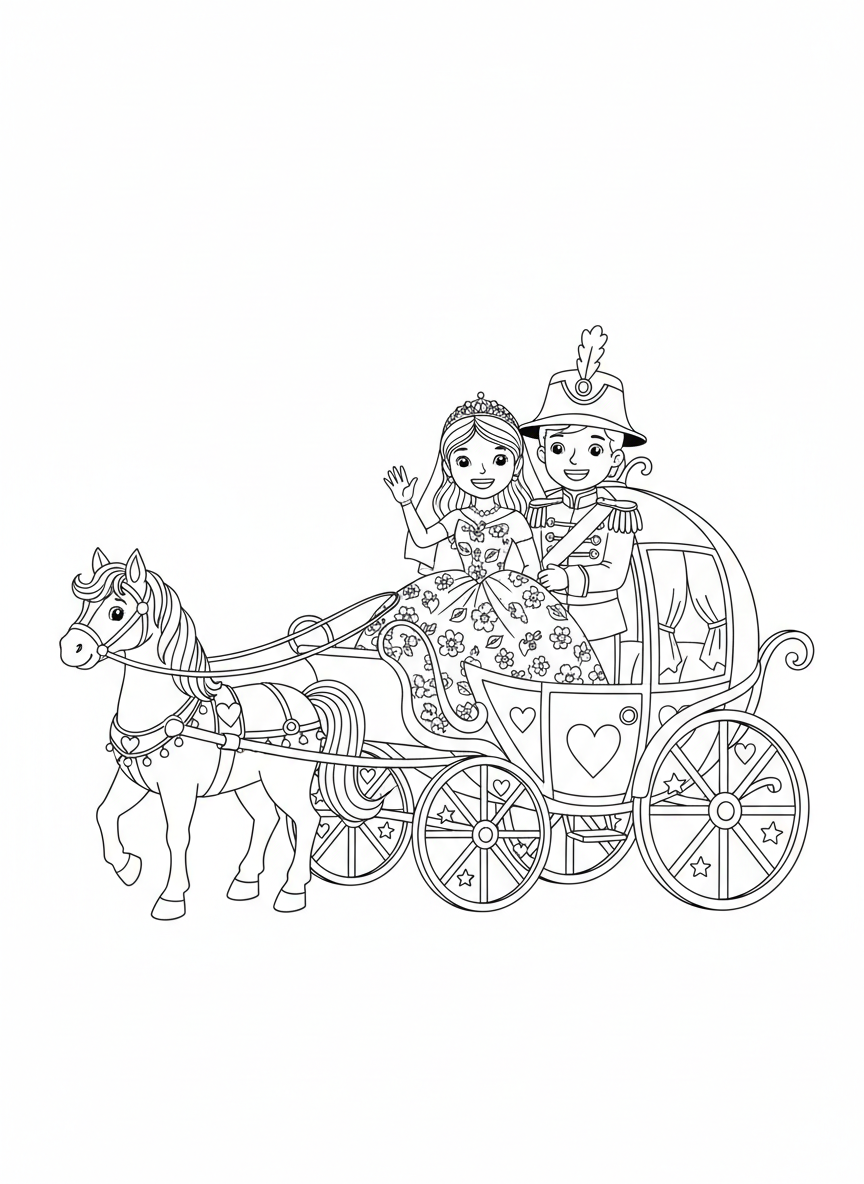Princess Bride & Prince Groom Carriage Ride Coloring Page