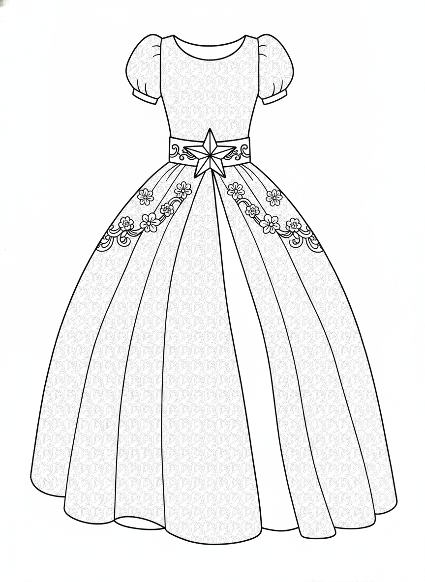 Princess Gown Coloring Page with Sparkling Heart Belt