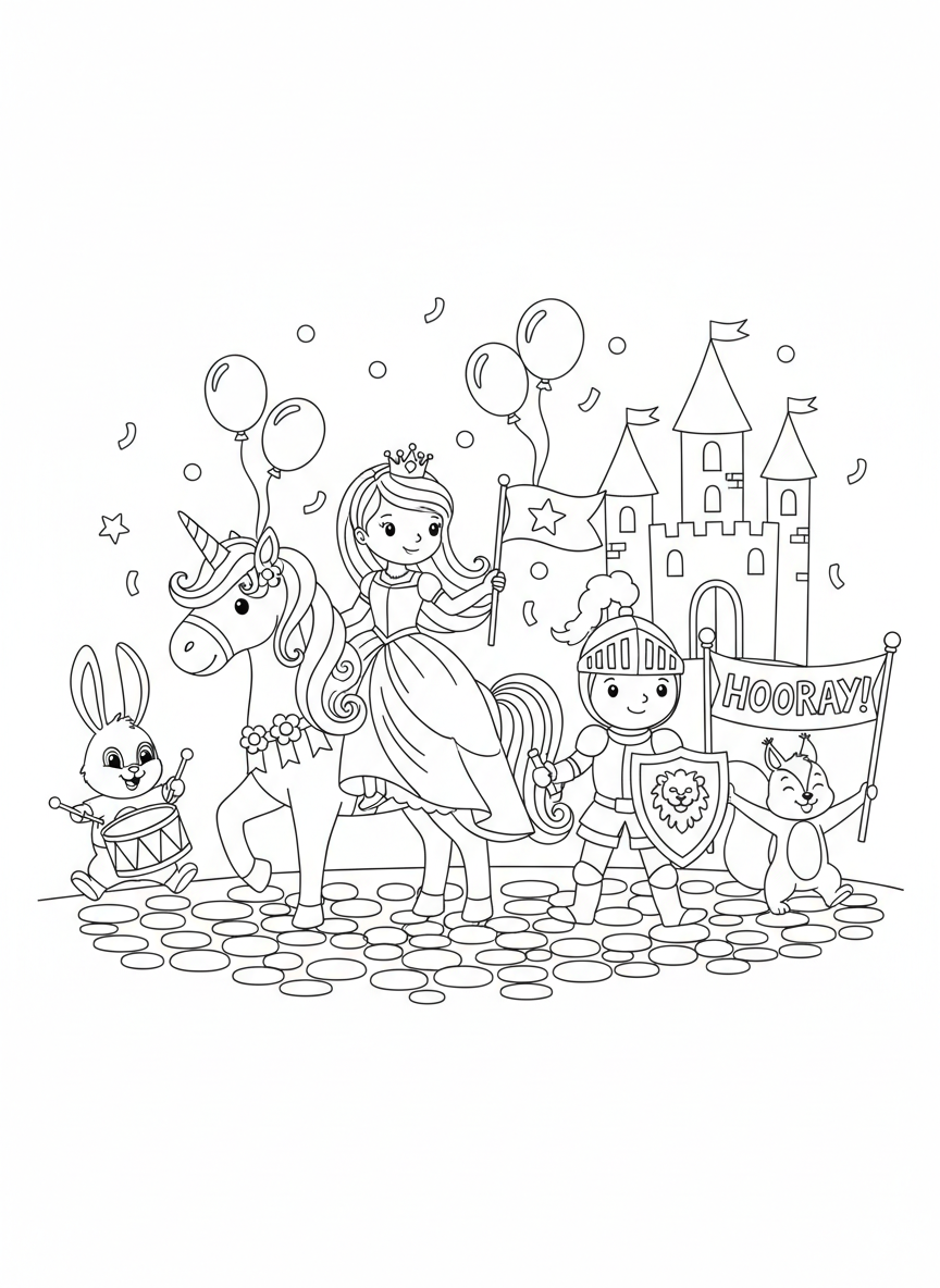 Princess & Knight Parade Coloring Page