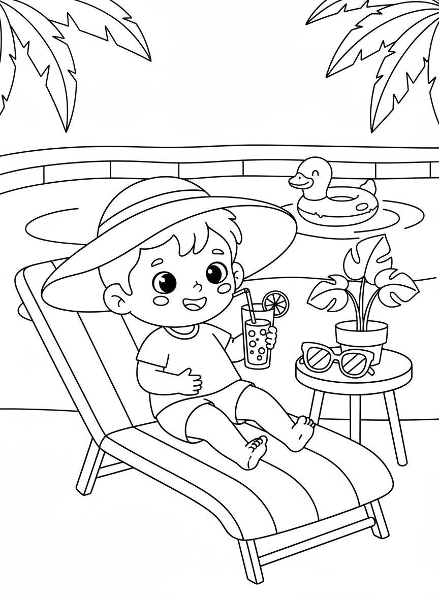 Relaxing Poolside Child Coloring Page