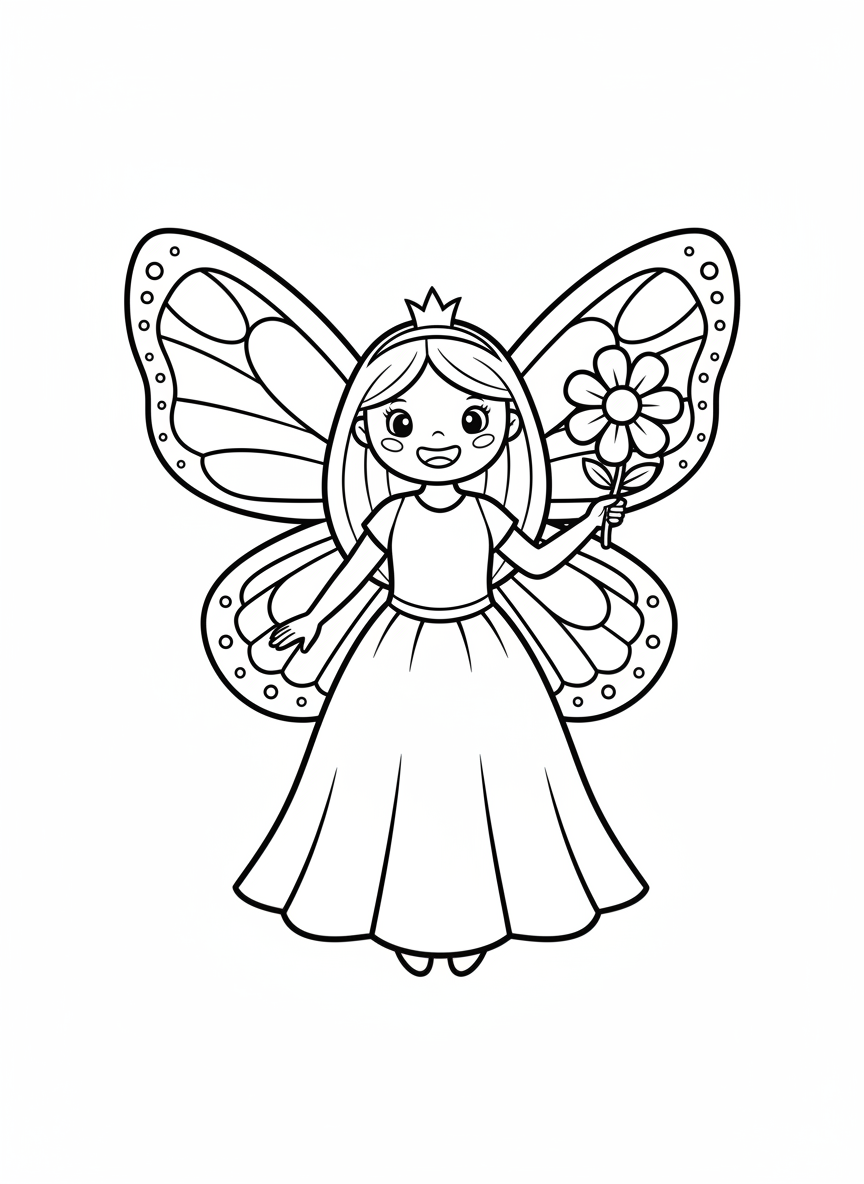 Smiling Butterfly Fairy Coloring Page for Kids