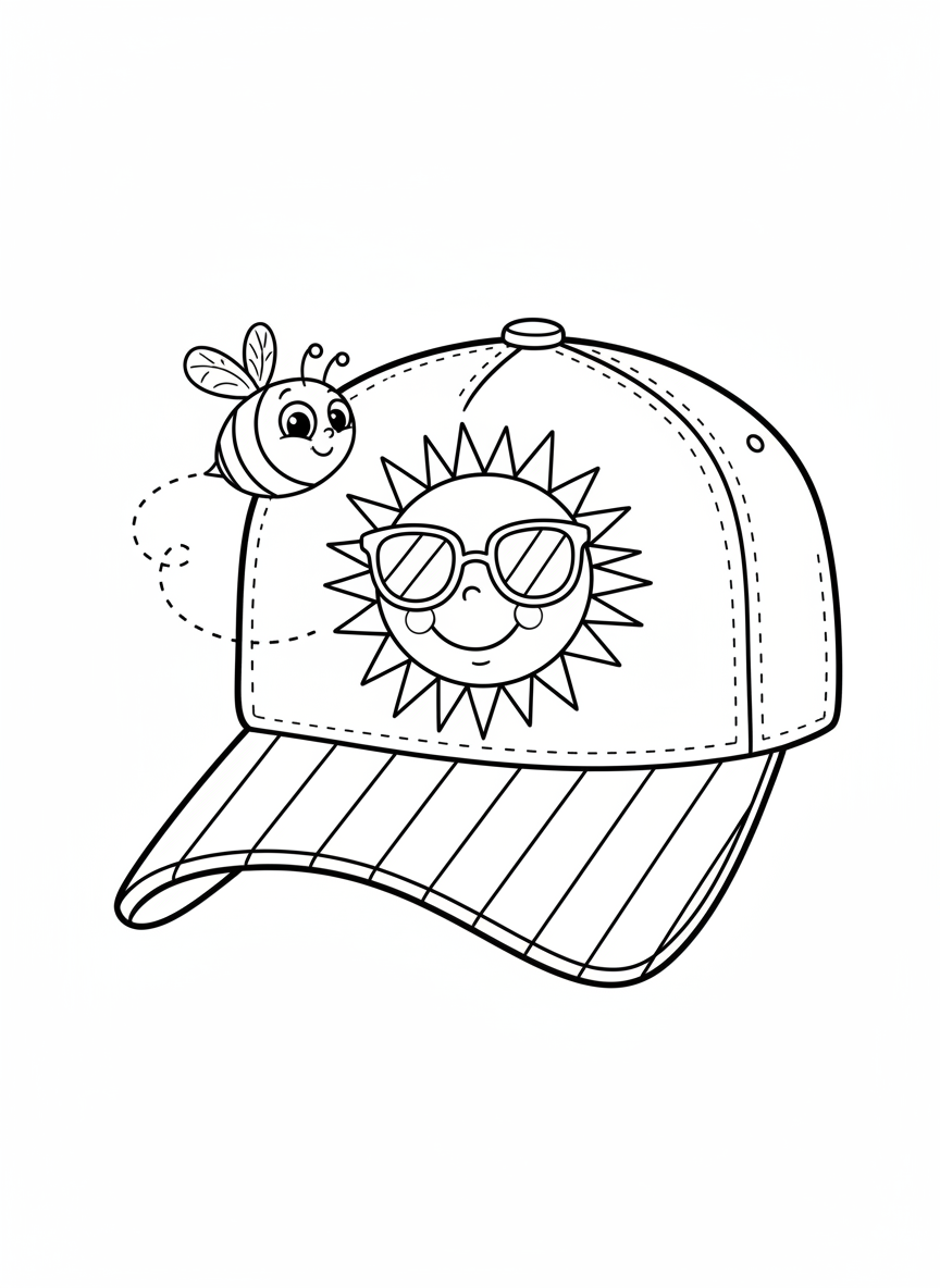 Smiling Sun Cap and Chubby Bee Coloring Page