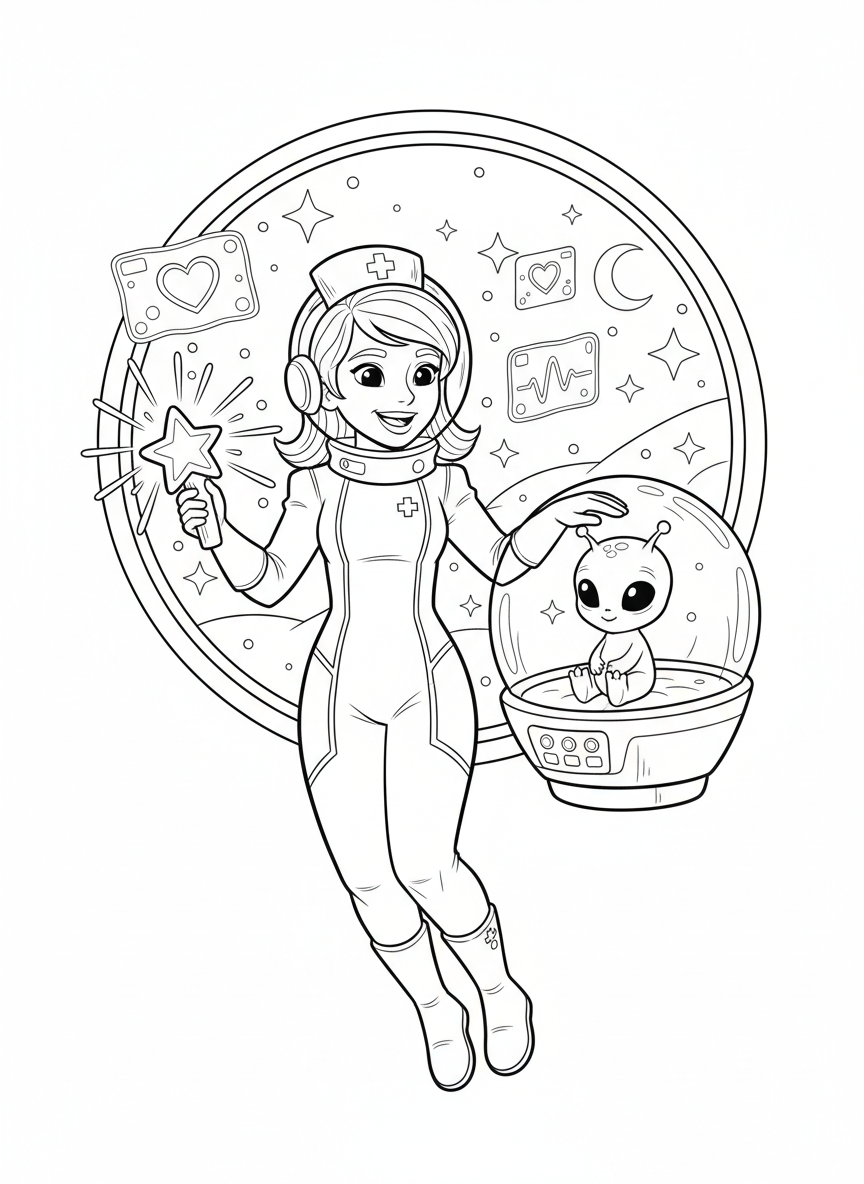Space Nurse & Alien Friend Coloring Page
