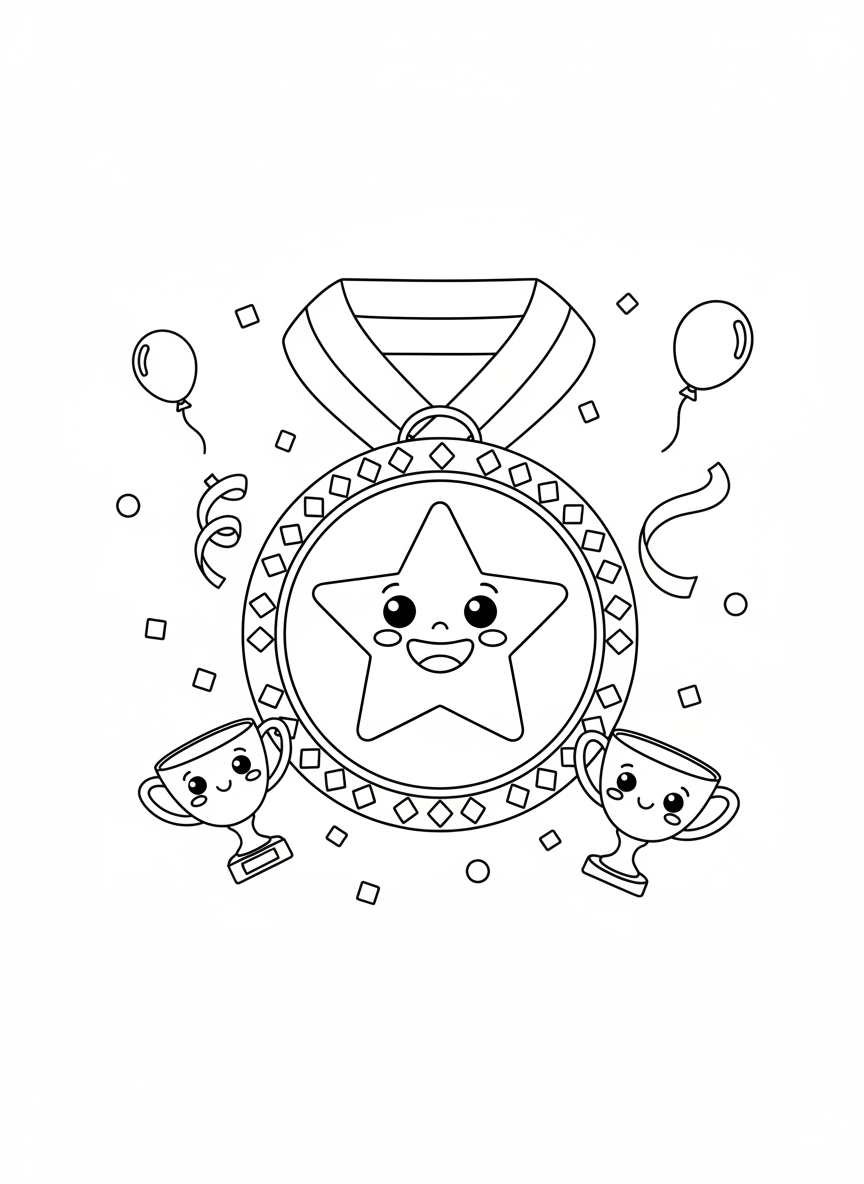 Star Medal & Trophy Celebration Coloring Page
