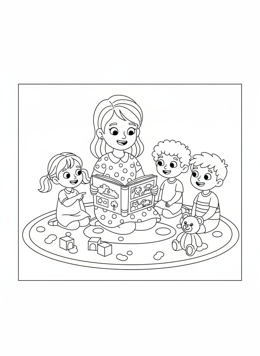 Story Time Fun: Kindergarten Teacher & Diverse Kids Coloring Page