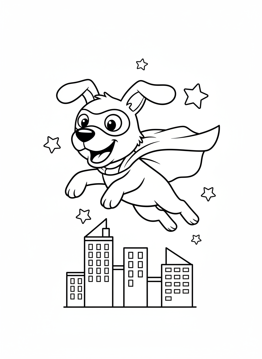 Superhero Dog Flying Over City