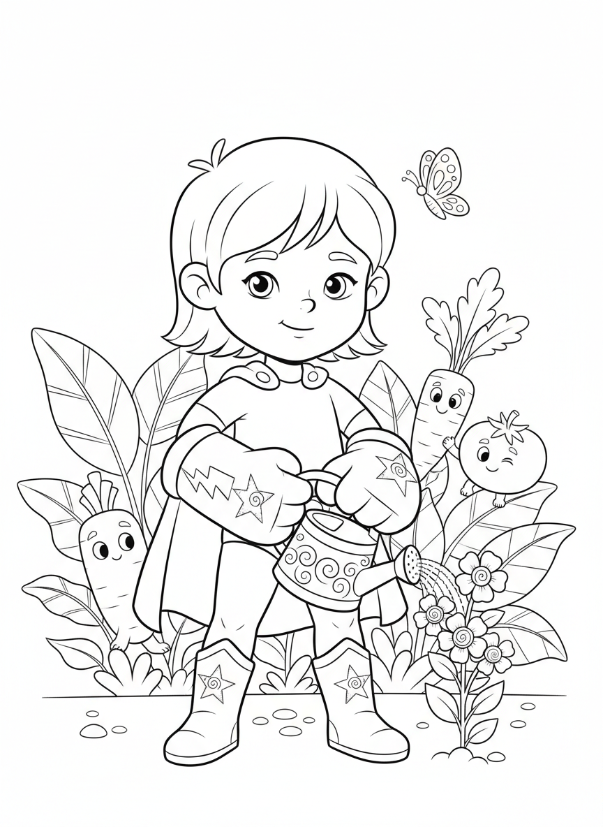 Superhero Gardener Child Coloring Page