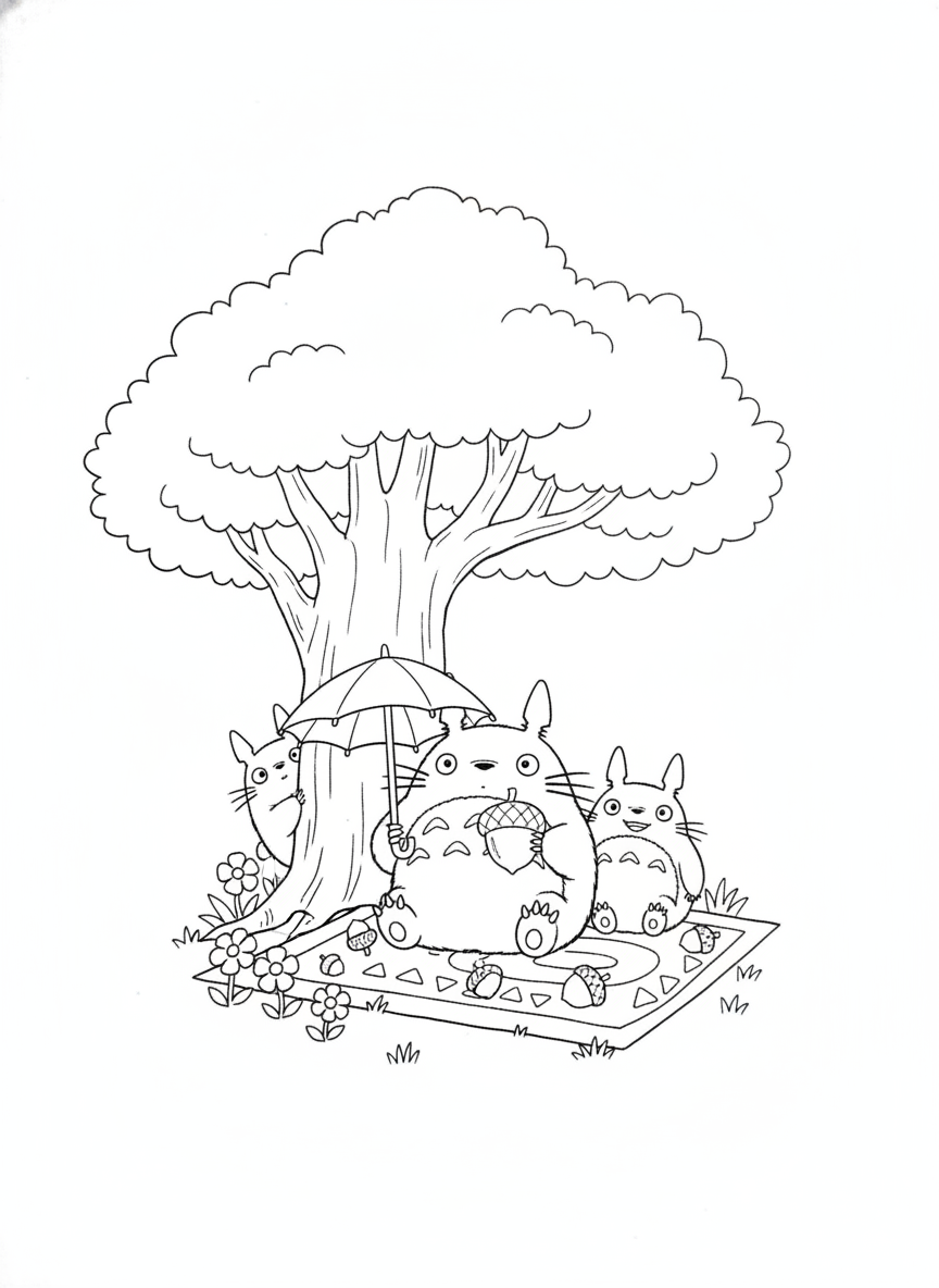 Totoro Family Picnic Under the Oak Tree Coloring Page
