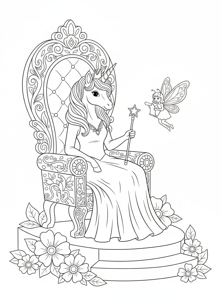 Unicorn Princess Throne Coloring Page