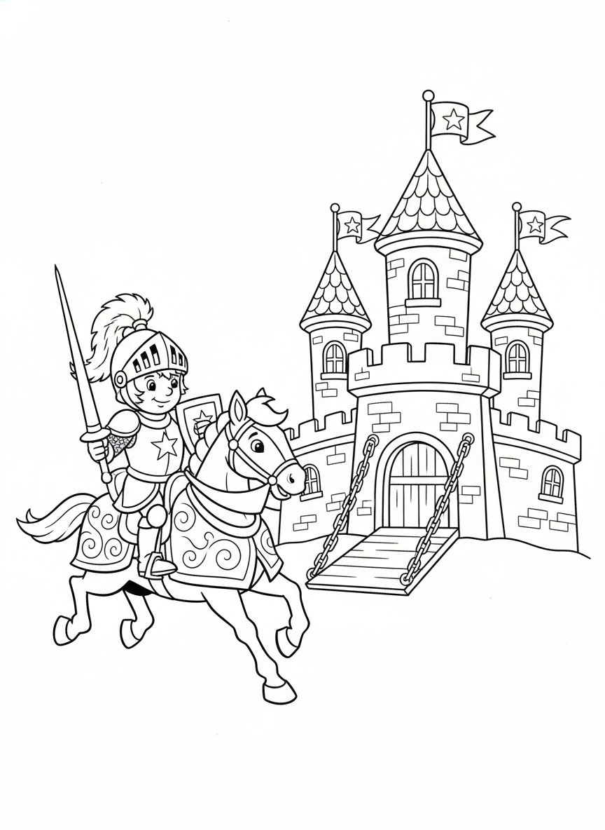Valiant Knight & Armored Horse Coloring Page
