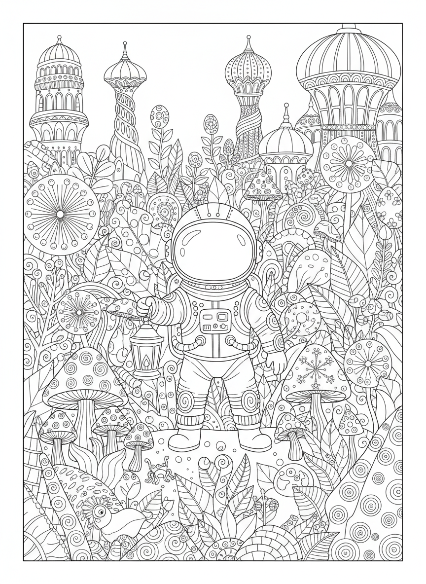 Whimsical Astronaut's Alien Jungle Adventure Coloring Page for Kids