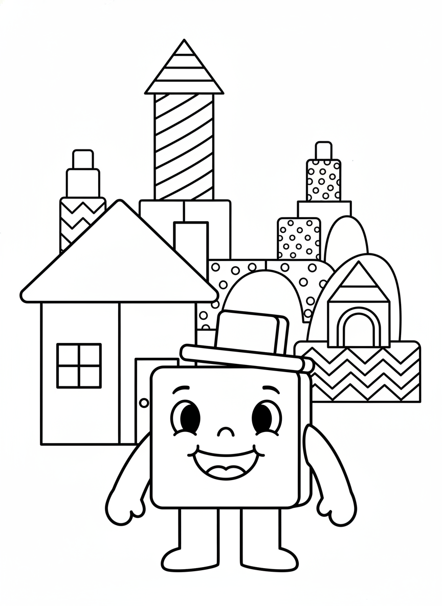 Whimsical Block Town: A Fun Coloring Page for Kids