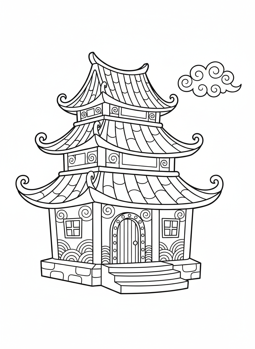 Whimsical Cartoon Temple Coloring Page for Kids