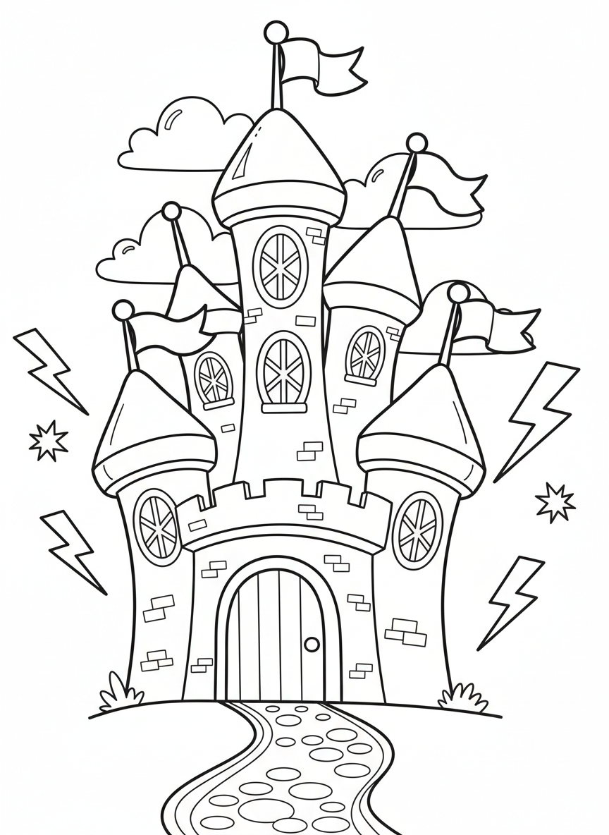 Whimsical Castle & Friendly Lightning Coloring Page