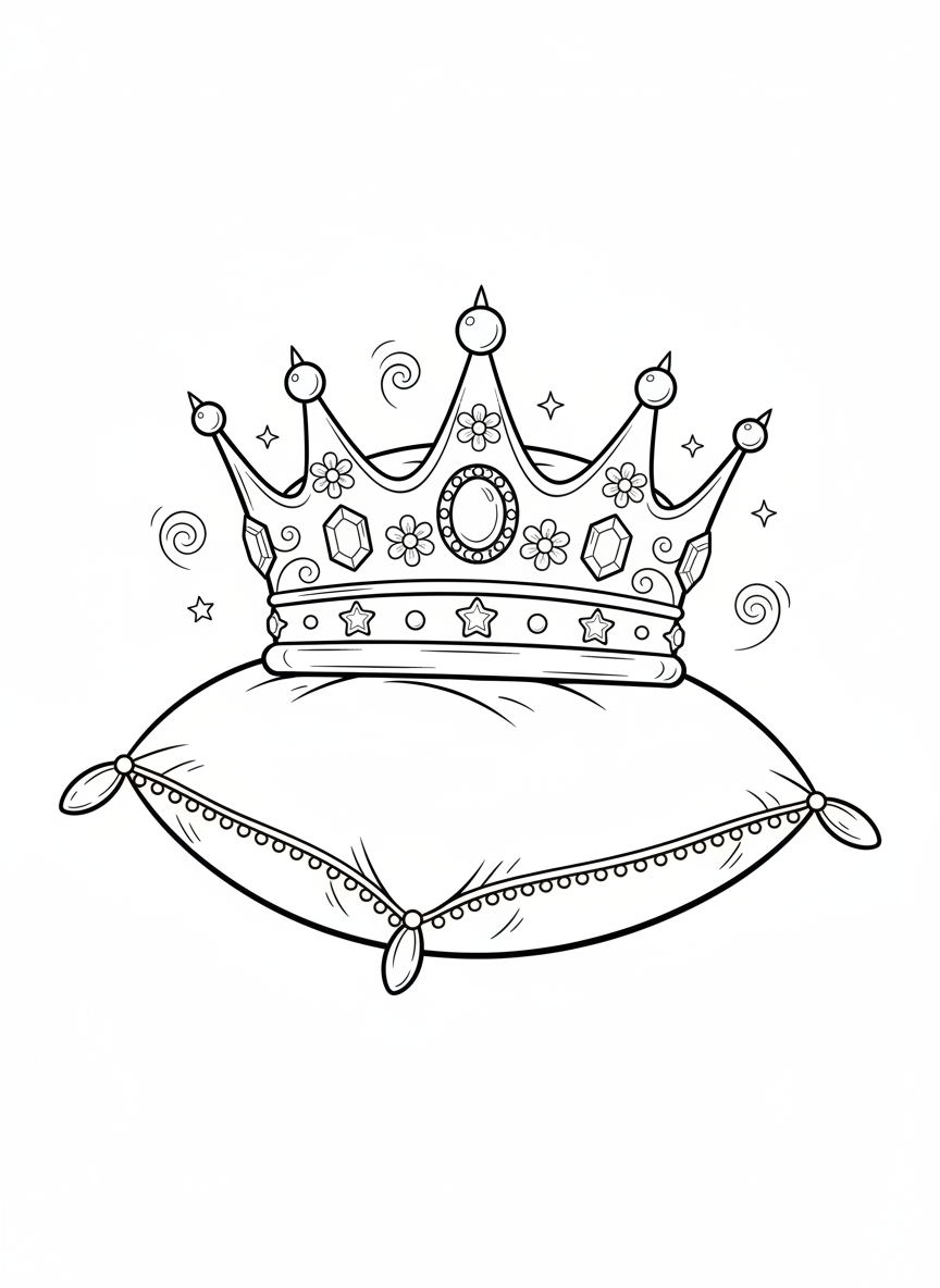 Whimsical Crown on a Pillow Coloring Page for Kids