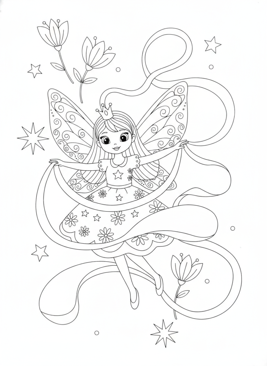 Whimsical Fairy Sprite with Swirling Ribbons Coloring Page for Kids