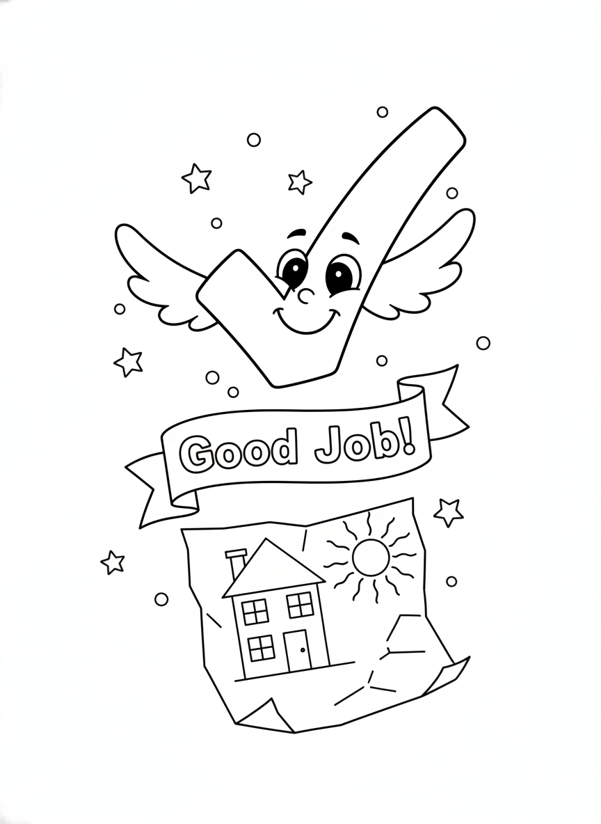 Whimsical "Good Job!" Checkmark Coloring Page for Kids