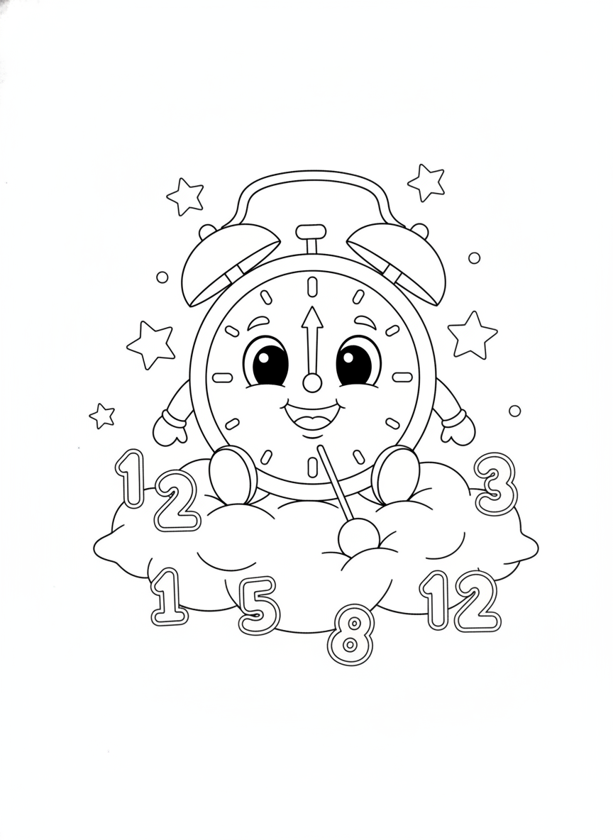 Whimsical Happy Alarm Clock on a Cloud Kids' Coloring Page