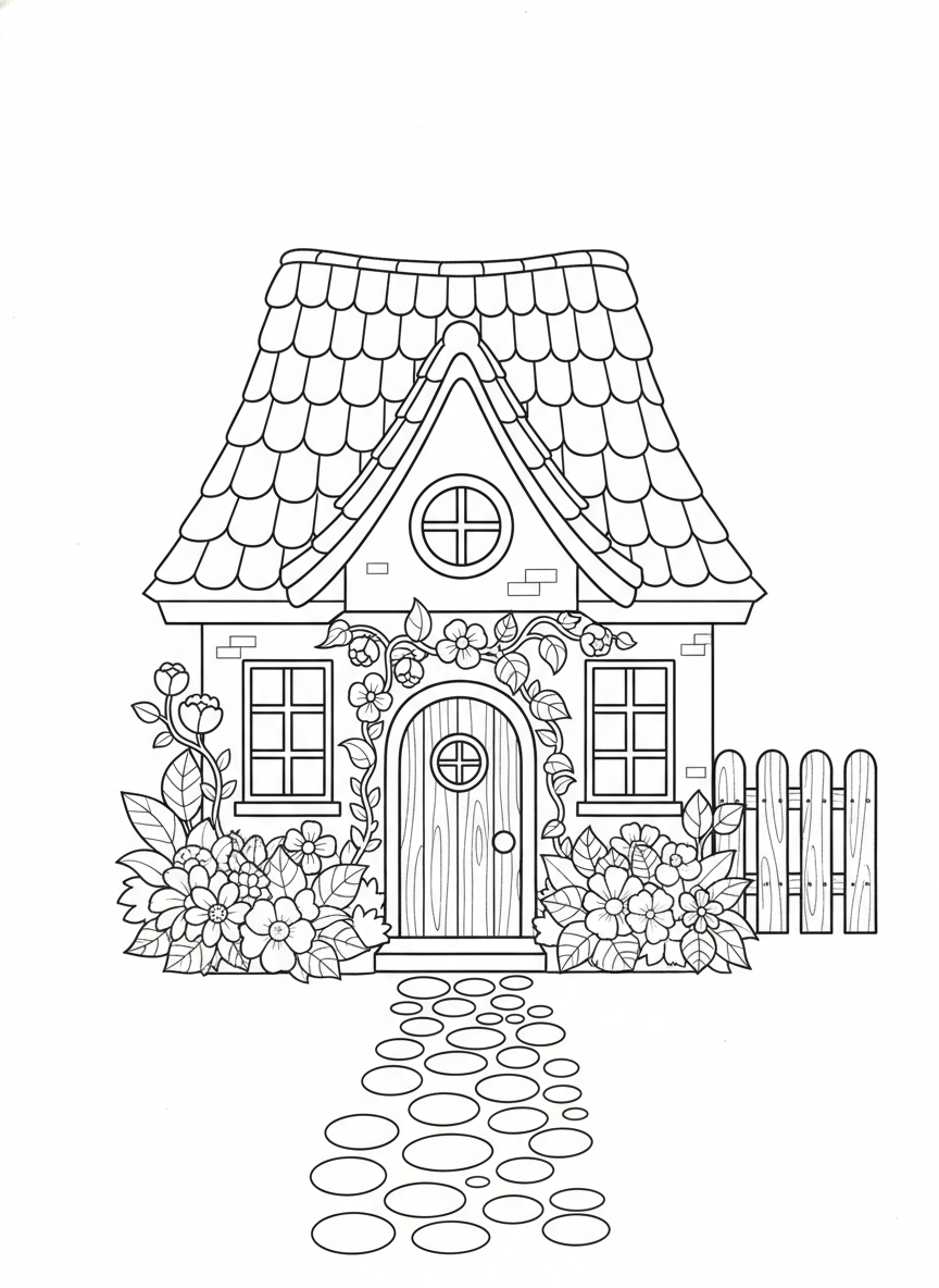 Whimsical House Coloring Page with Garden & Fence for Kids