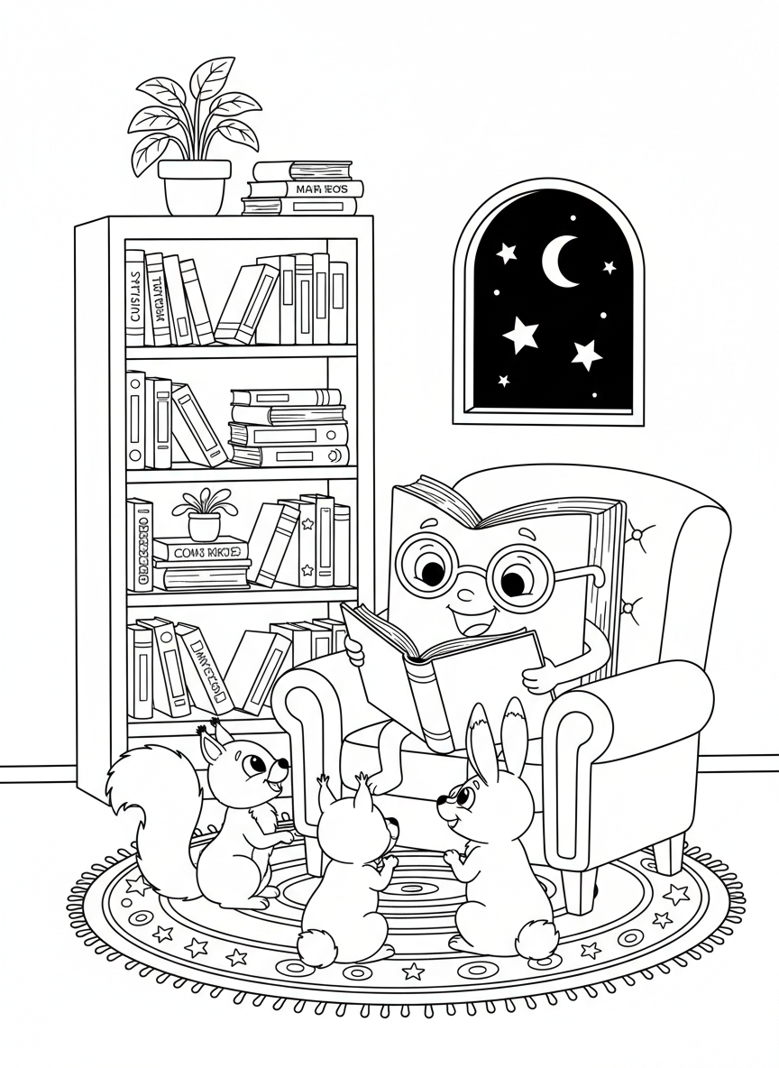 Whimsical Library Friends Coloring Page