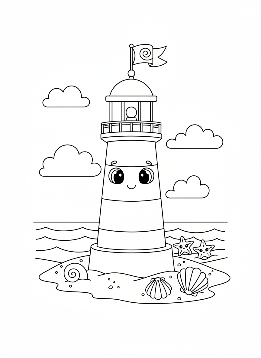 Whimsical Lighthouse Beach Coloring Page for Kids