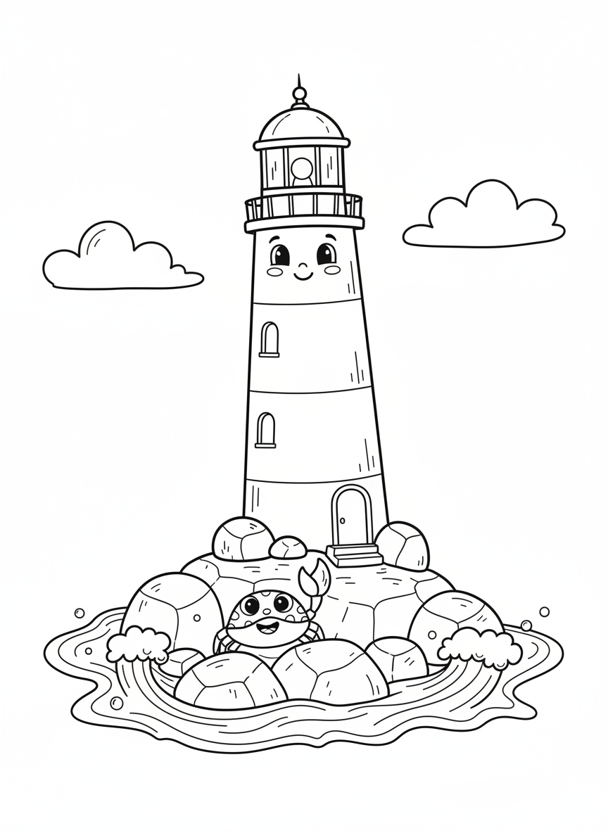 Whimsical Lighthouse & Crab Coloring Page