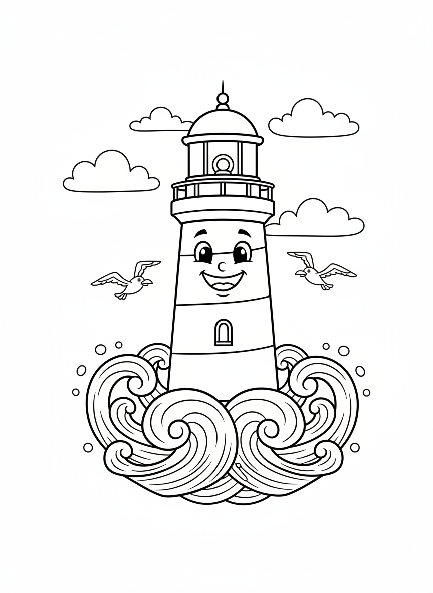 Whimsical Lighthouse & Happy Seagulls Coloring Page