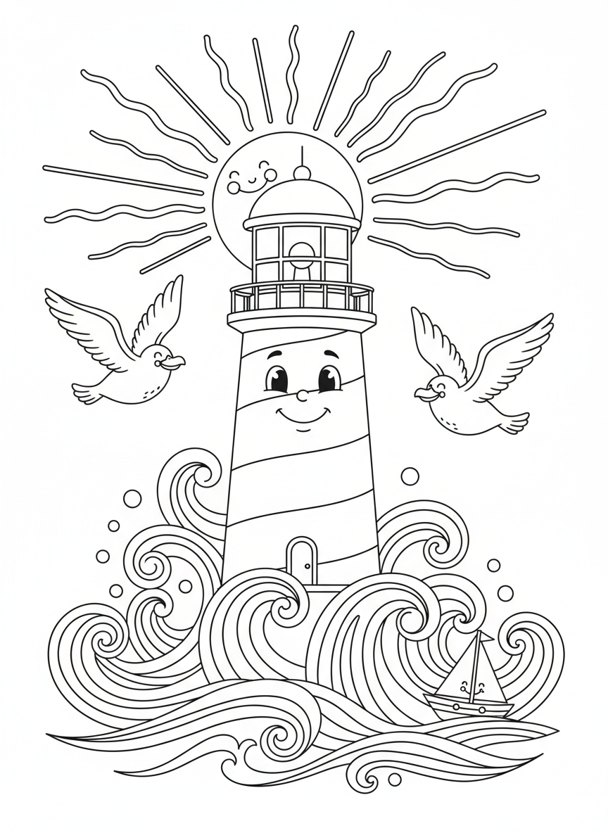 Whimsical Lighthouse Sunset Coloring Page