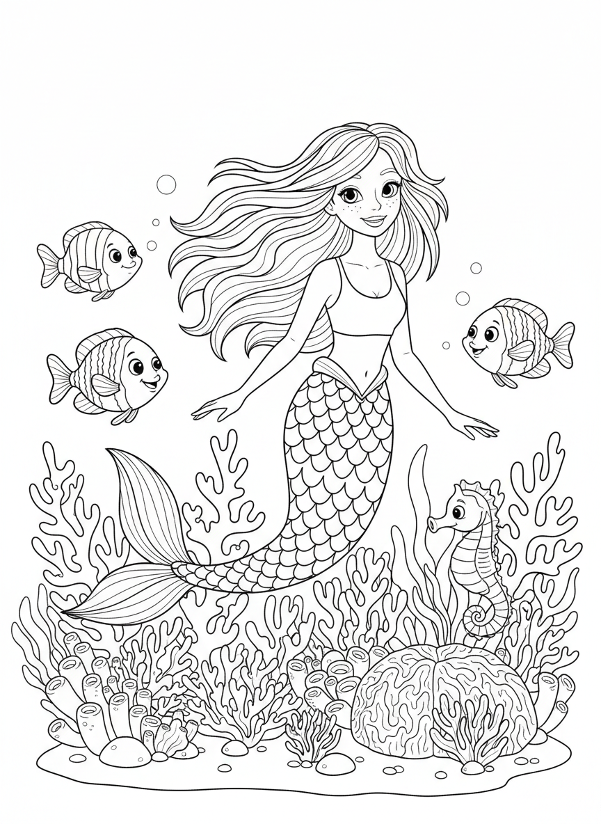 Whimsical Mermaid & Coral Garden Coloring Page