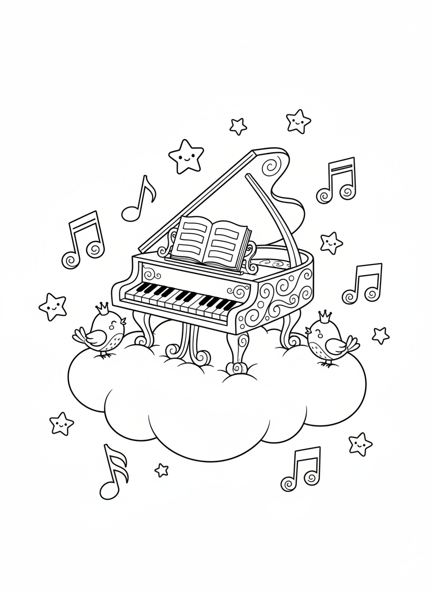 Whimsical Piano on Cloud Coloring Page