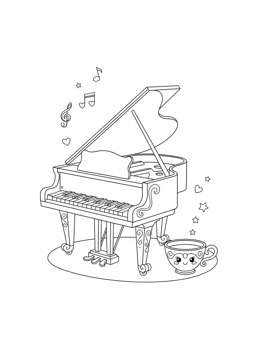Whimsical Piano & Teacup Coloring Page