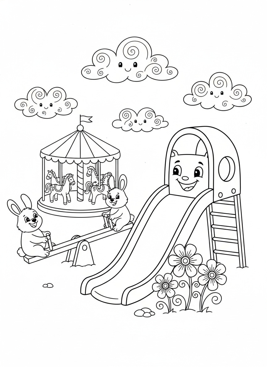 Whimsical Playground Fun: Bear & Rabbit Coloring Page