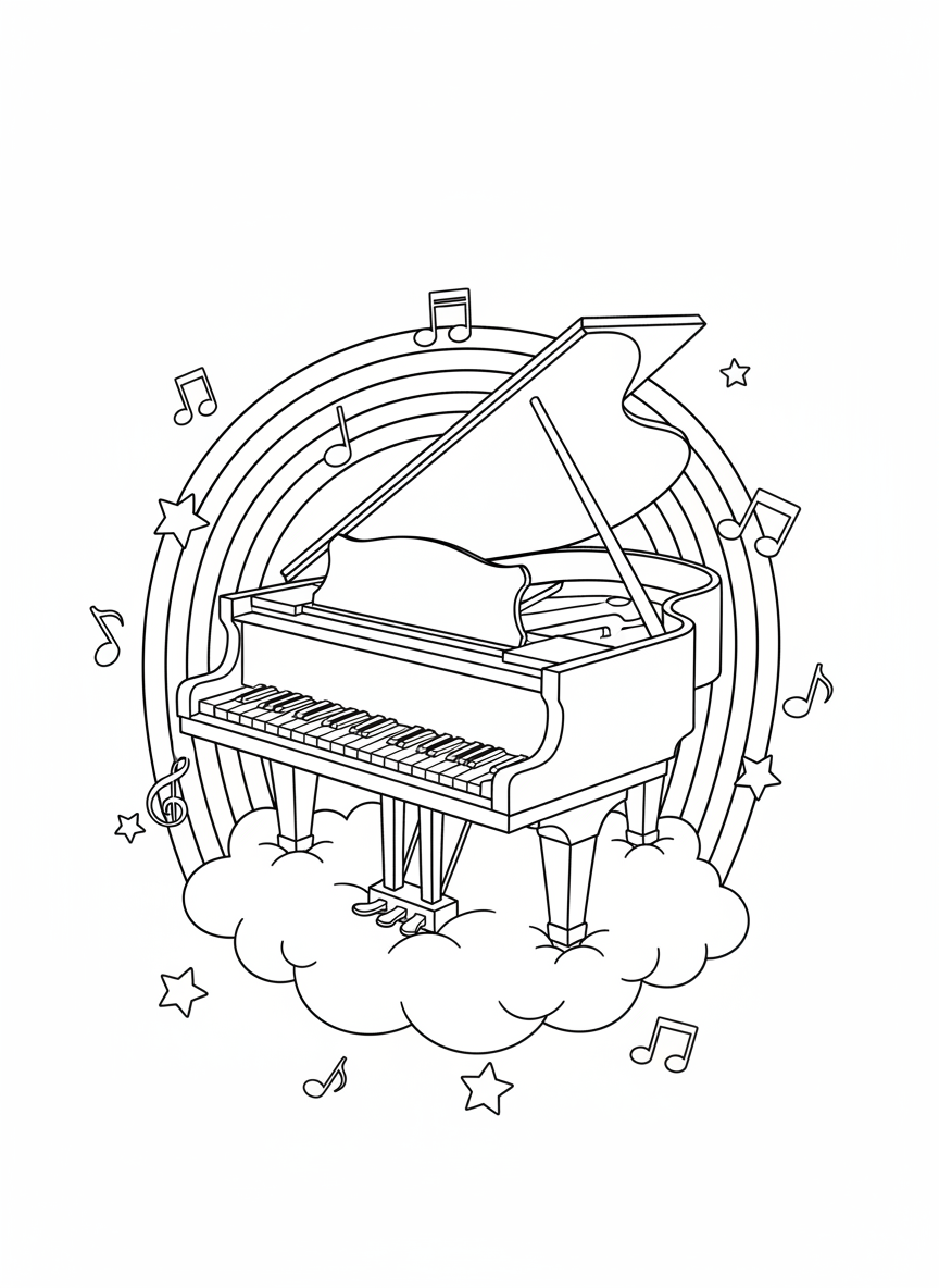 Whimsical Rainbow Piano on a Cloud Coloring Page