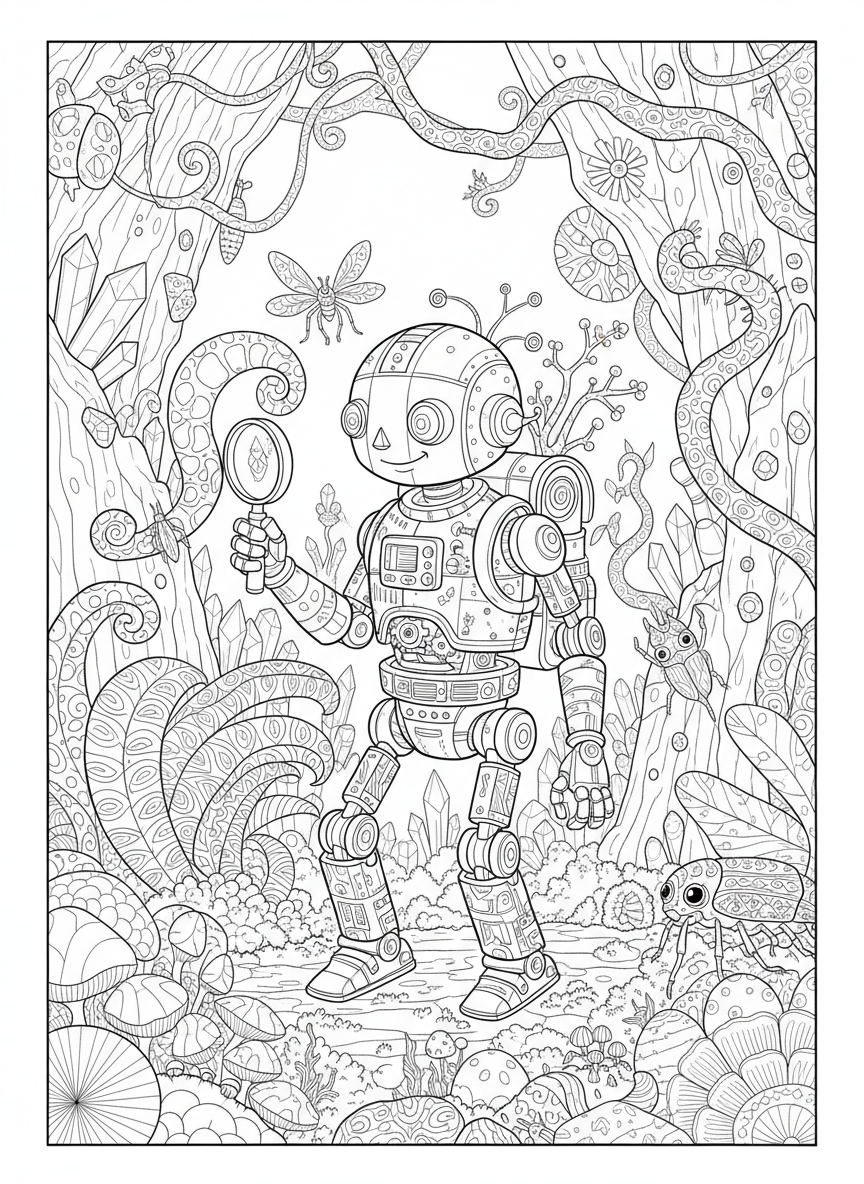 Whimsical Robot Explorer in Alien Botanical Garden Coloring Page