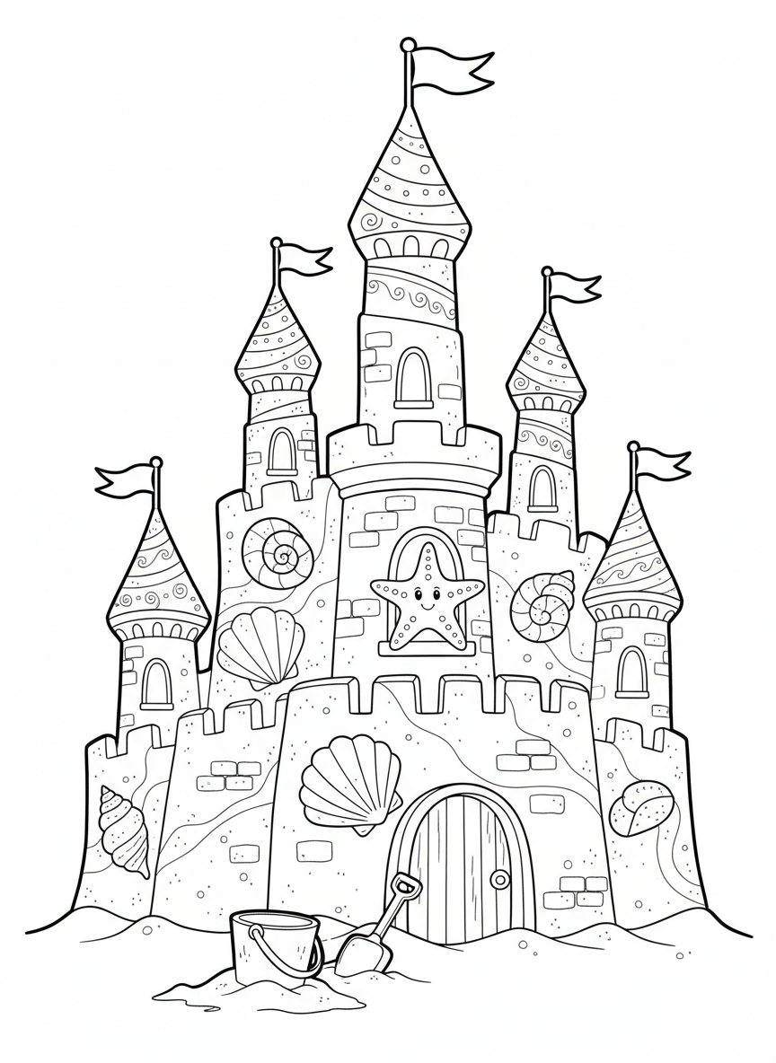 Whimsical Sandcastle Beach Coloring Page