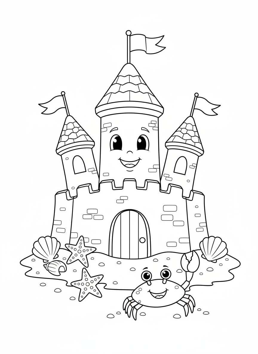Whimsical Sandcastle & Waving Crab Coloring Page