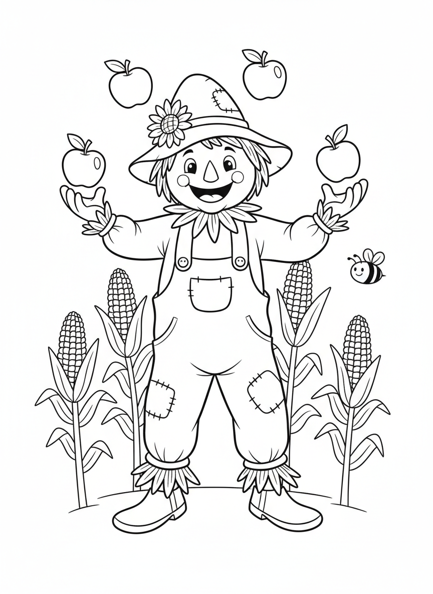 Whimsical Scarecrow Juggling Apples