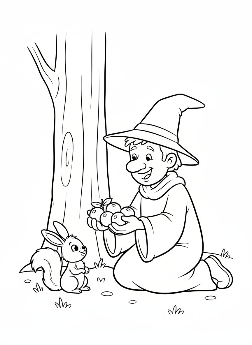 Wizard Feeding Forest Animals Coloring Page