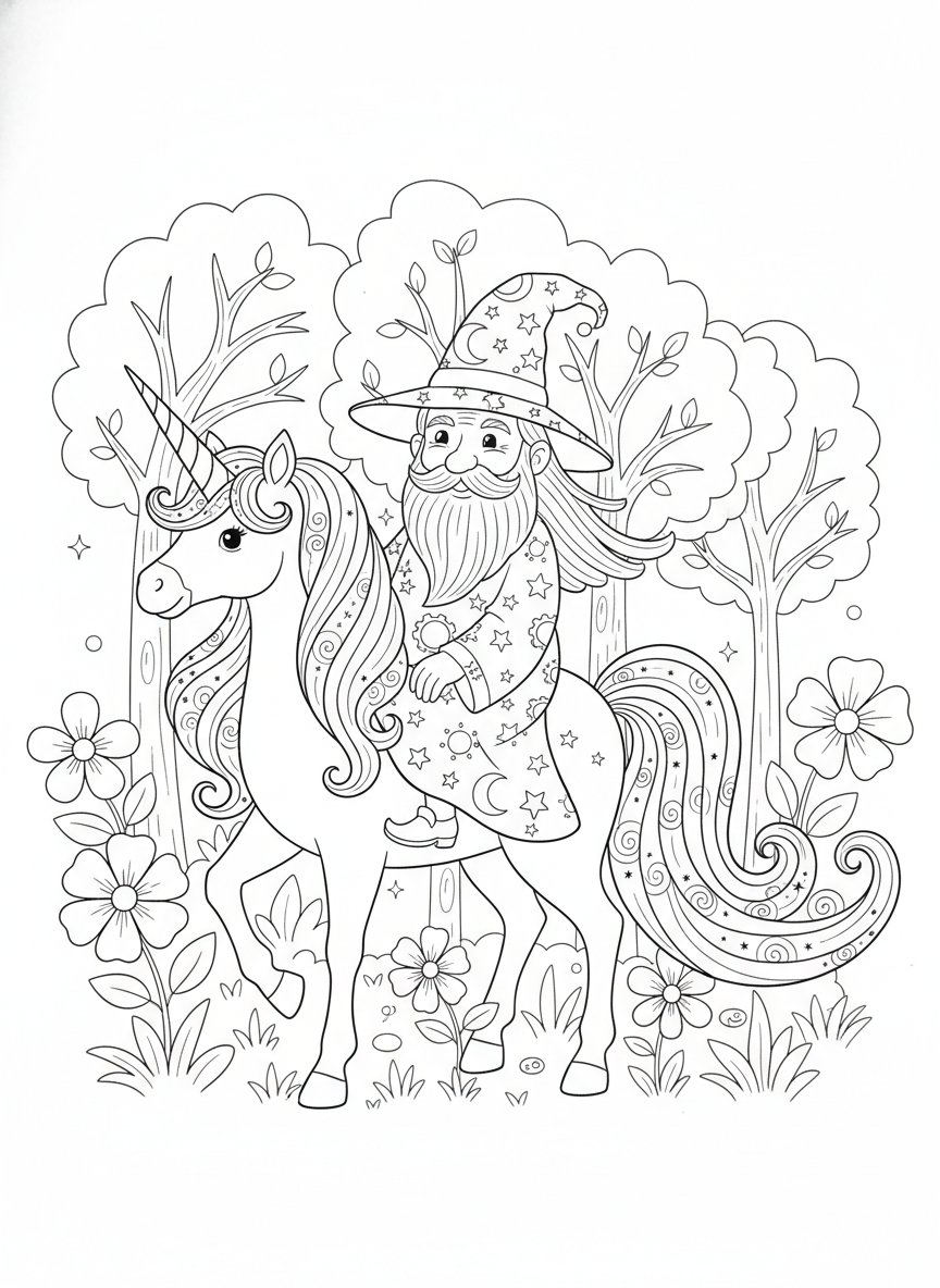 Wizard Riding a Unicorn Coloring Page