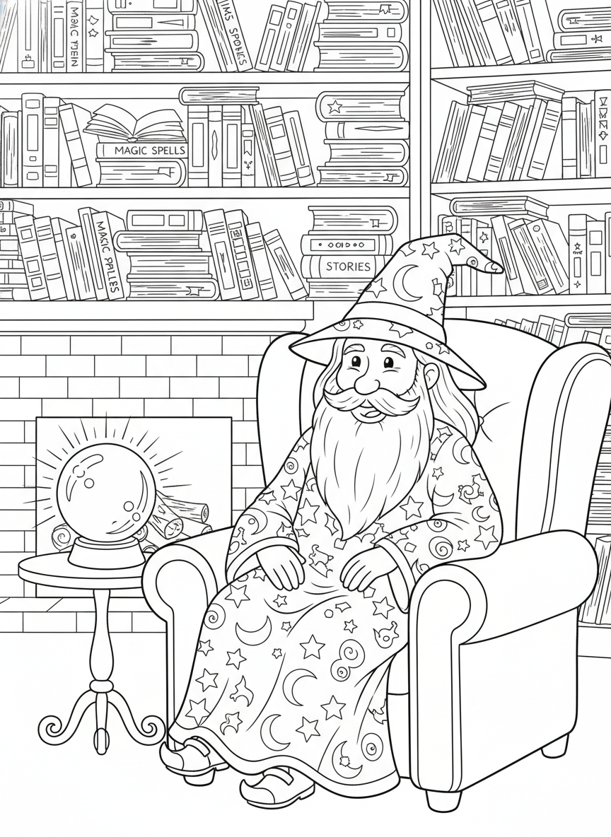 Wizard's Cozy Study Coloring Page