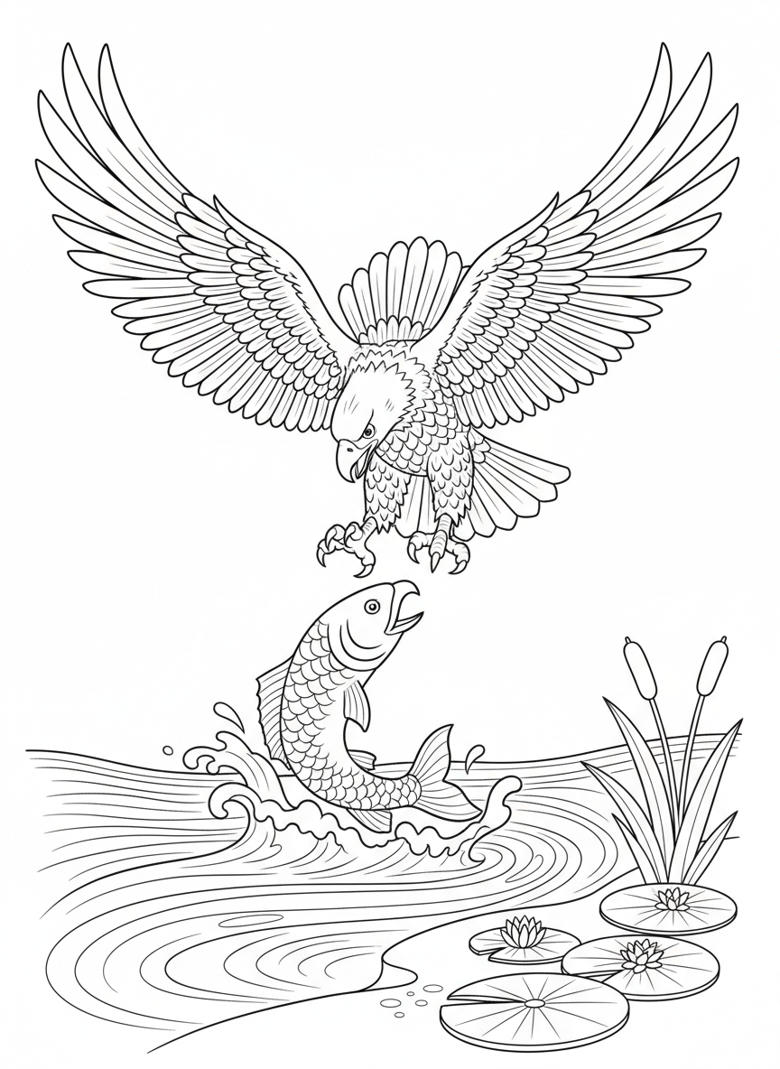 Eagle's Dive: Fish Catch Coloring Page for Kids