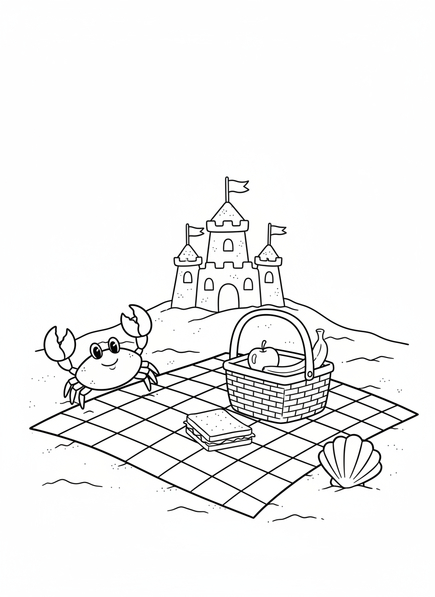 Charming Beach Picnic Coloring Page for Kids