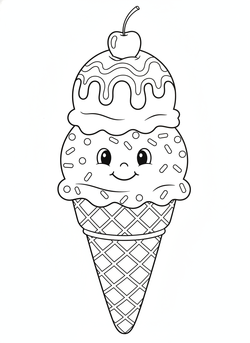 Cheerful Ice Cream Cone Character Coloring Page with Sprinkles & Cherry