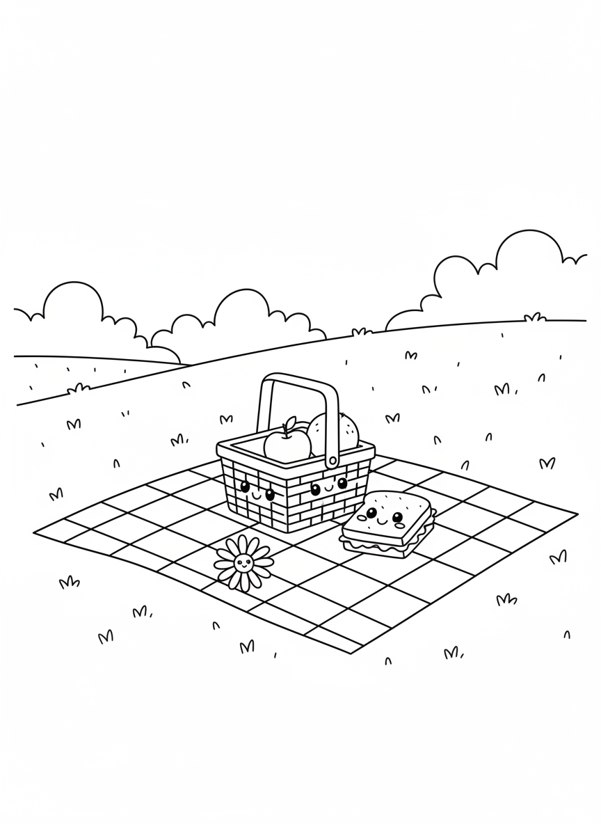 Cheerful Picnic Coloring Page for Kids