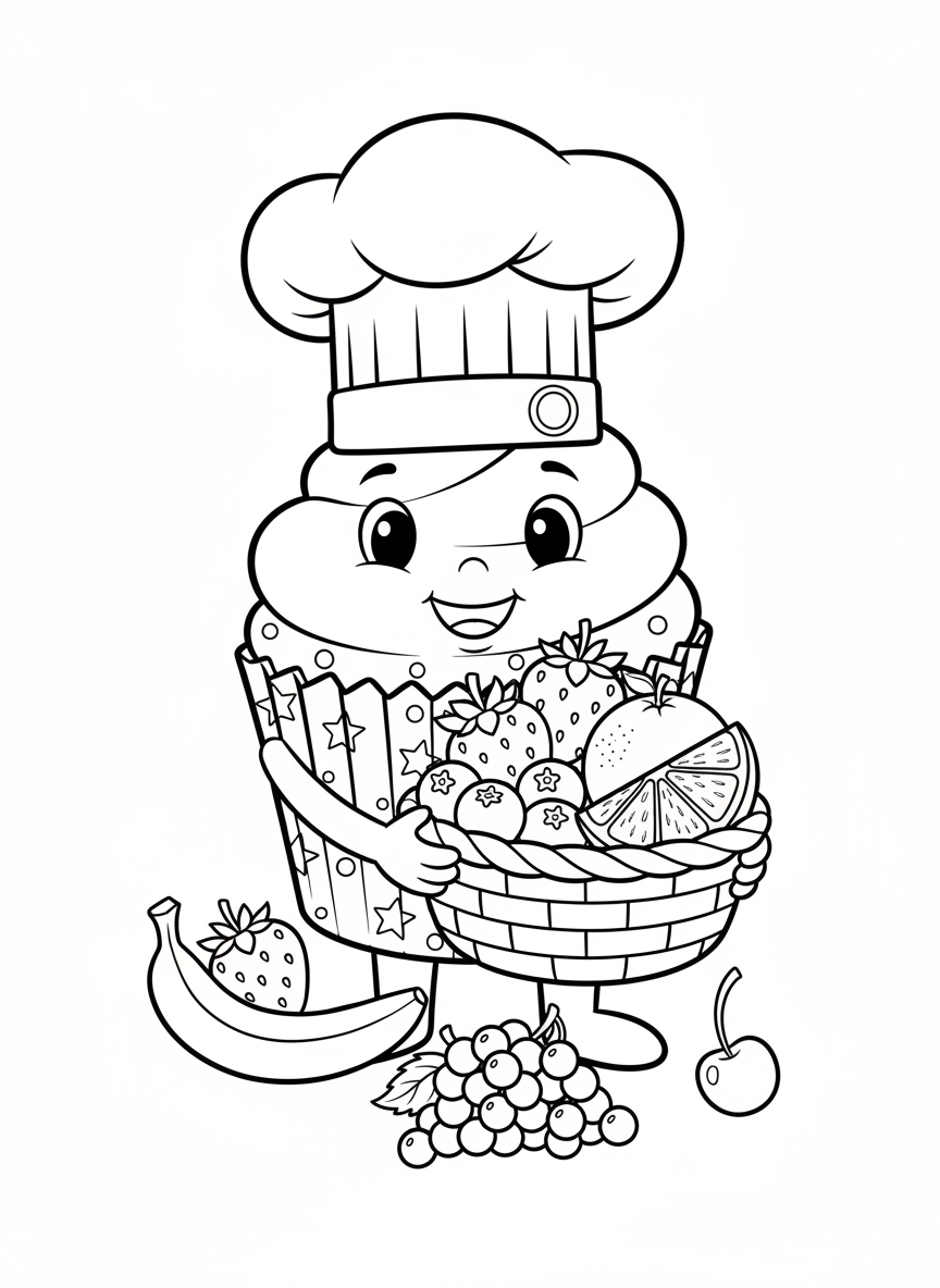 Chef Cupcake with Fruit Basket Coloring Page