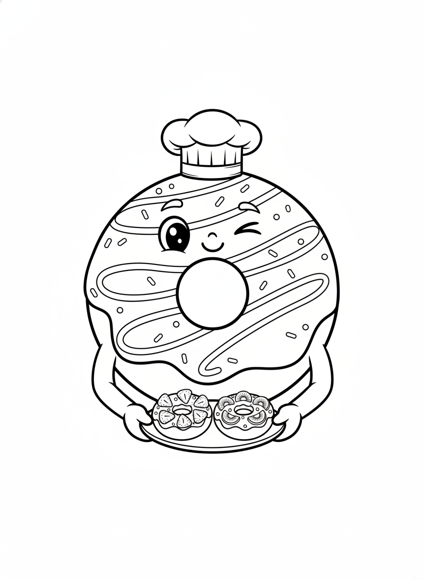 Chef Donut with Mini Fruit Donuts Coloring Page