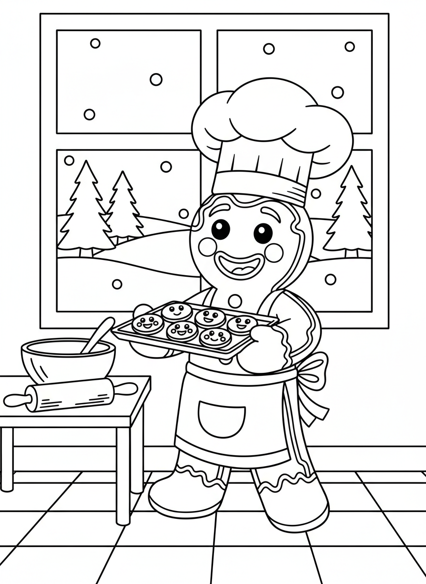 Chef Gingerbread Man & Cookies Coloring Page