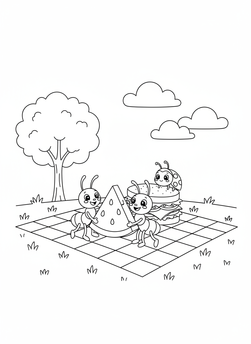 Cute Ant Picnic Coloring Page for Kids