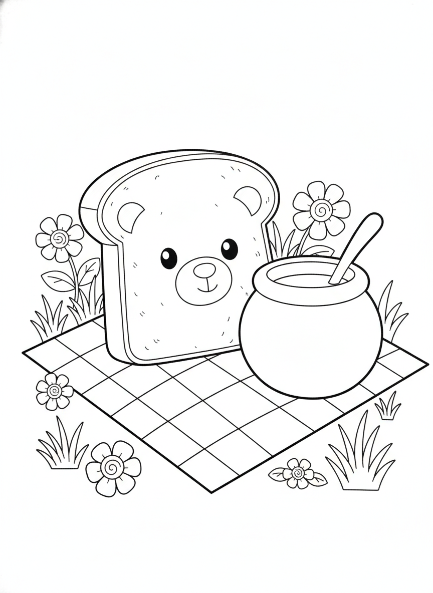 Cute Bear Toast Picnic Coloring Page for Kids