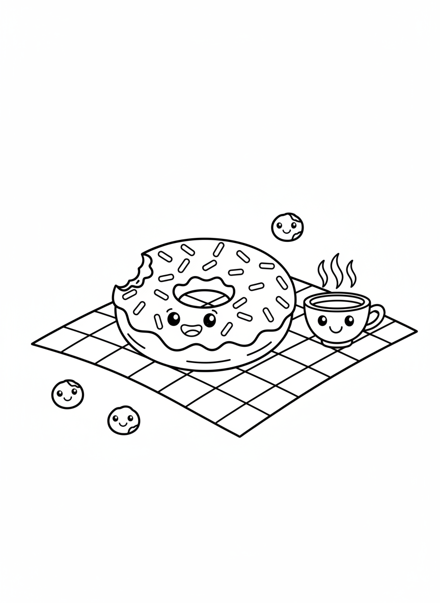 Cute Donut Picnic Coloring Page for Kids